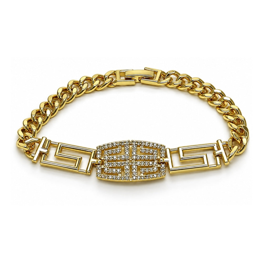 Oro Laminado Fancy Bracelet, Gold Filled Style Greek Key and Miami Cuban Design, with White Micro Pave, Polished, Golden Finish