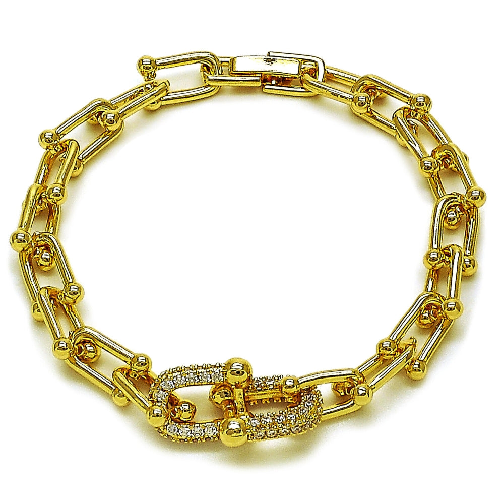 Oro Laminado Fancy Bracelet, Gold Filled Style Horseshoe Design, with White Cubic Zirconia, Polished, Golden Finish