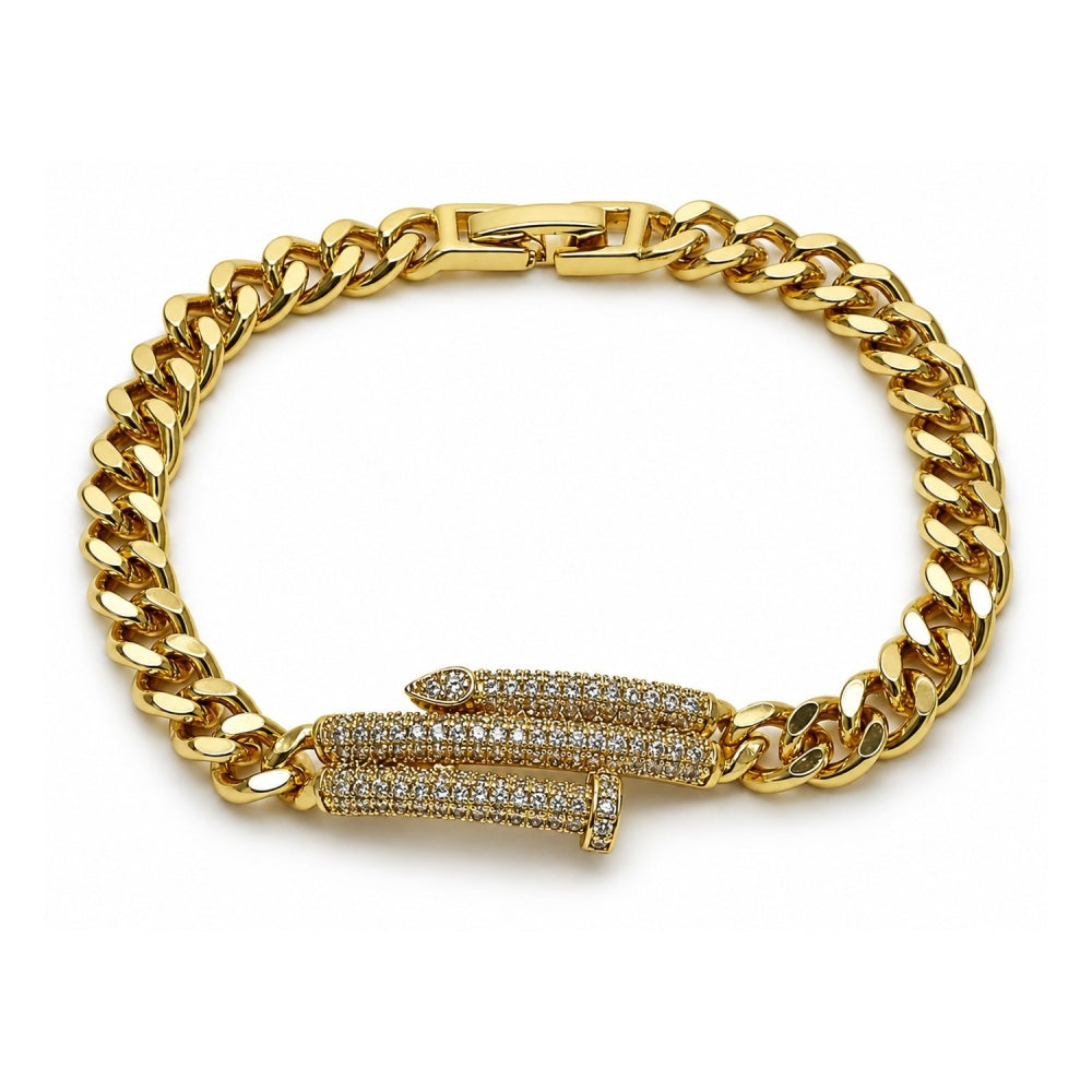Oro Laminado Fancy Bracelet, Gold Filled Style Nail and Miami Cuban Design, with White Micro Pave, Polished, Golden Finish