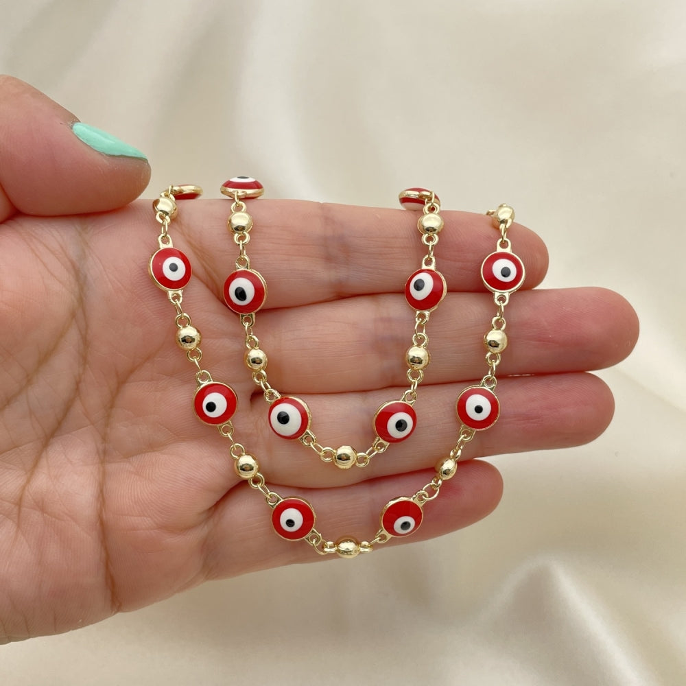 RED & WHITE Evil Eye Bracelet Gold Bracelet or Minimalist Necklace Set Light Red Evil Eye or Dainty Anklet, Gold Filled, Gift for Her