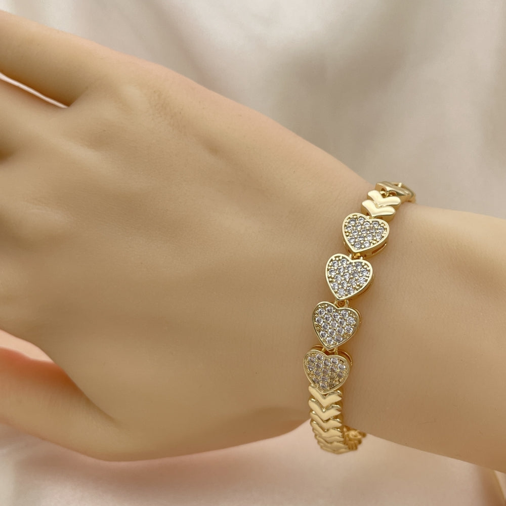 7" Gold Fancy Heart Bracelet w/ Heart Design and White CZ Stones - Handmade Gold Filled Style Bracelets - 03.283.0046.07