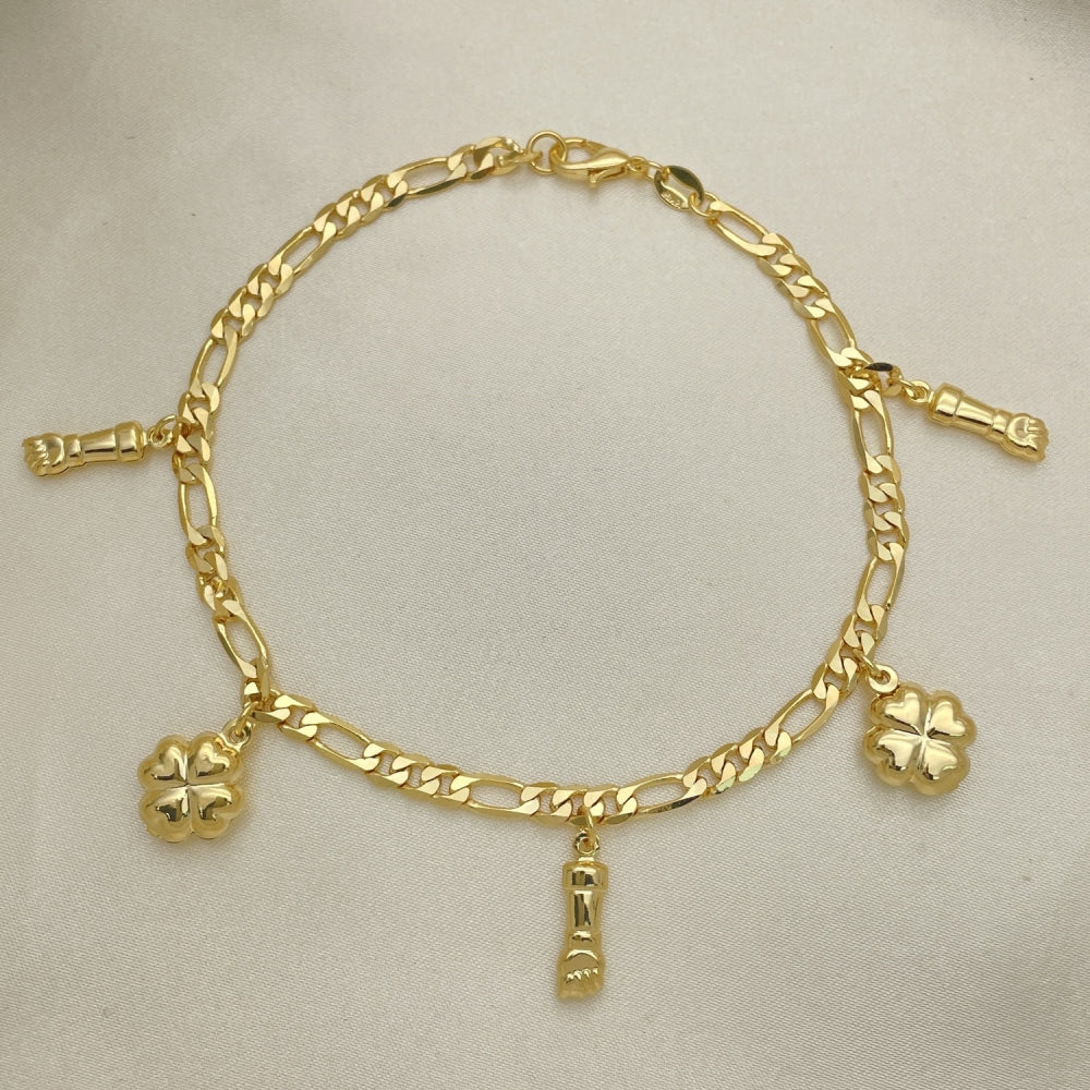 Gold Anklet - Handmade Figaro Chain with the Cloverleaf and Figa Charm with Highest Craftsmanship - Lucky Charm Anklets 03.32.0608.10