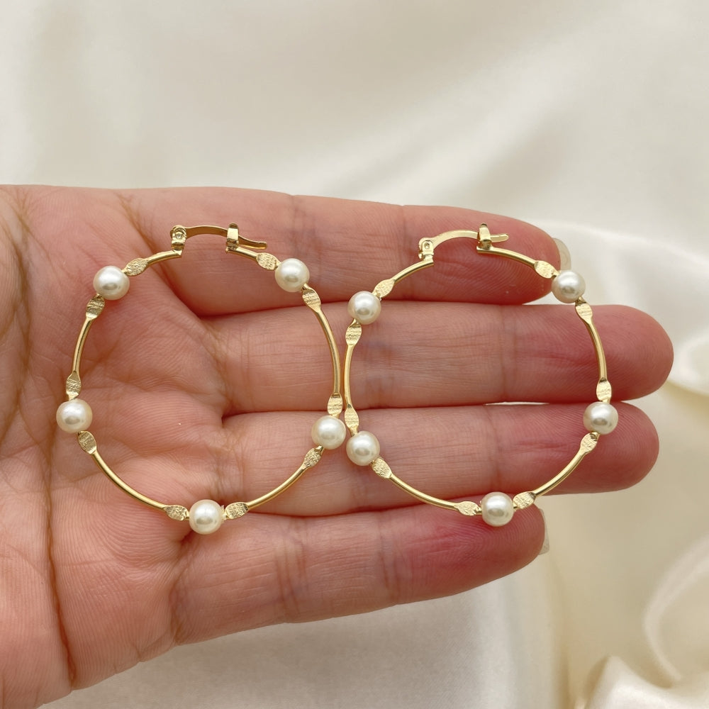 Gold Pearl 40mm Hoop Earrings Handmade - Very Light Weight Jewelry Piece - Gold Filled Style Hoops 02.02.0527.40