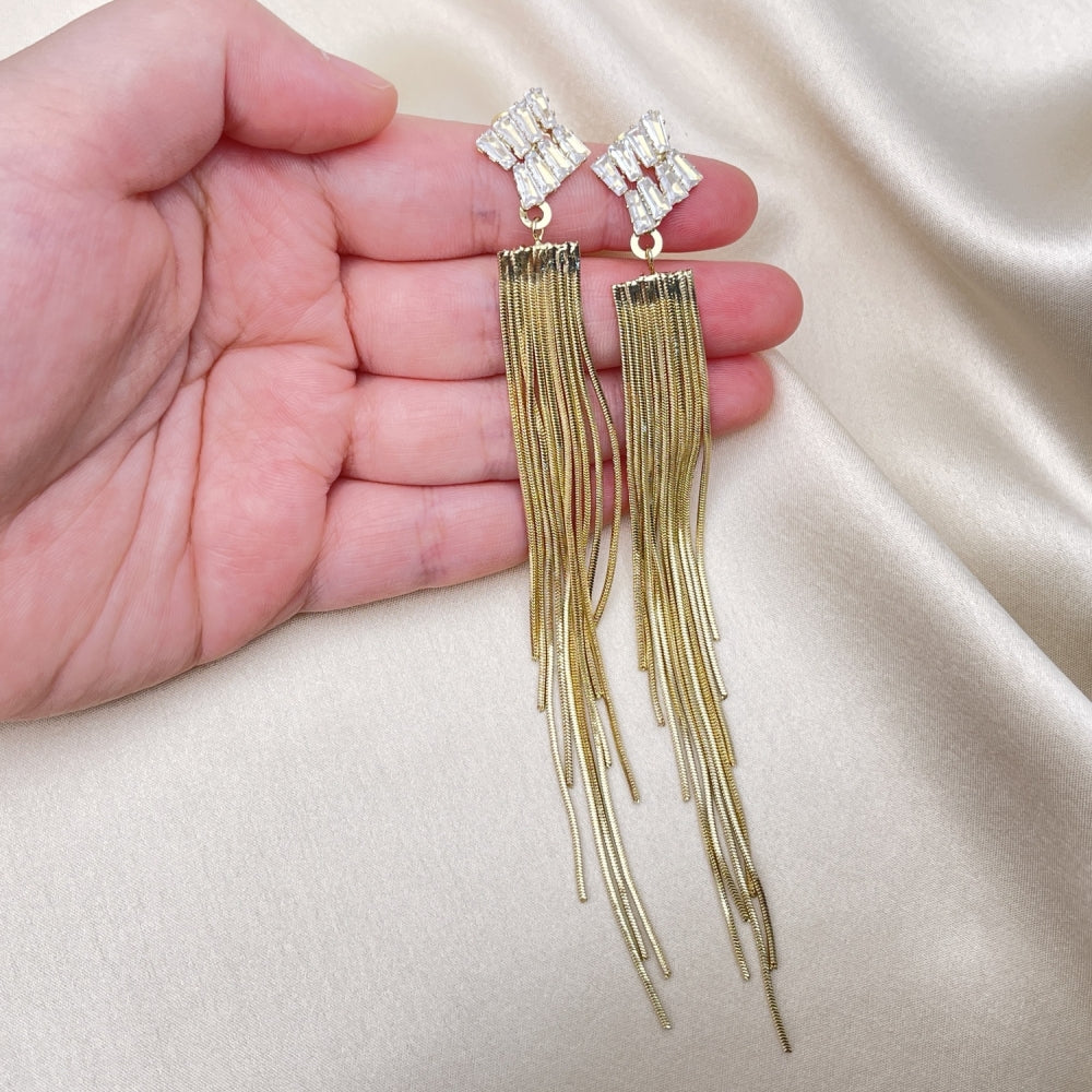 Long Drop Earrings Handmade w/ Diamond Crystal Zirconia Settings in Gold Filled Style Light Weight - Gold Filled Earrings 02.268.0110