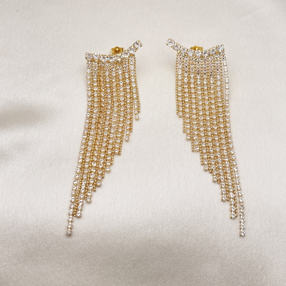 Long Drop Earrings Handmade w/ Diamond Crystal Zirconia Settings in Gold Filled Style Light Weight - Gold Filled Earrings 02.268.0107
