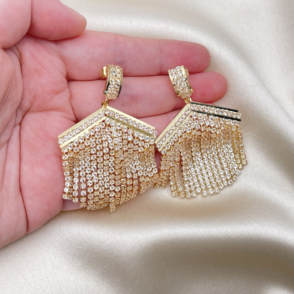 Long Drop Earrings Handmade w/ Diamond Crystal Zirconia Settings in Gold Filled Style Light Weight - Gold Filled Earrings 02.268.0111