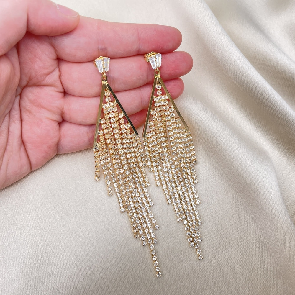 Long Drop Earrings Handmade w/ Diamond Crystal Zirconia Settings in Gold Filled Style Light Weight - Gold Filled Earrings 02.268.0108