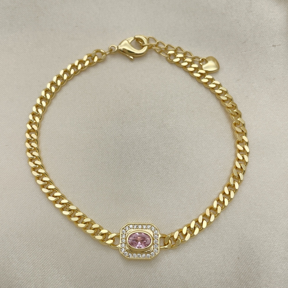 7" Adjustable Cuban Bracelet w/ Pink Sapphire Handmade - Gold Filled Bracelets - 03.213.0162.3.07