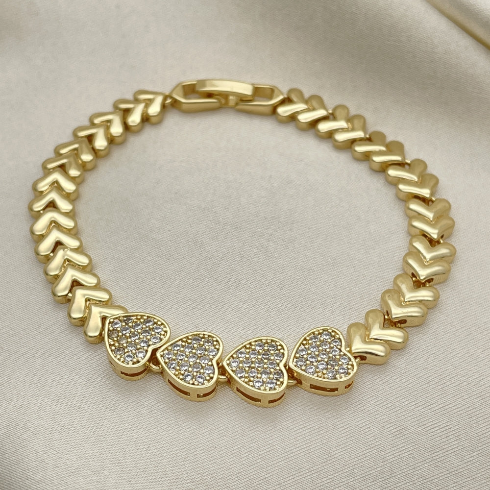 7" Gold Fancy Heart Bracelet w/ Heart Design and White CZ Stones - Handmade Gold Filled Style Bracelets - 03.283.0046.07