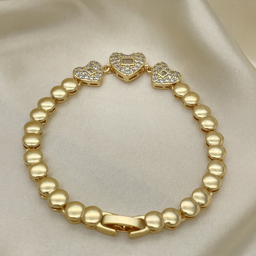 7" Gold Fancy Bracelet w/ Heart White CZ Stones Design - Handmade Gold Filled Style Bracelets-03.283.0054.07