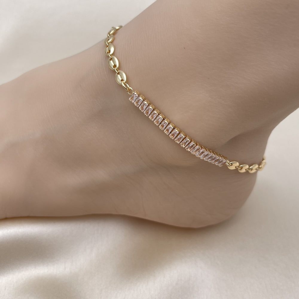 Gold Anklet - Mariner Chain w/ White Baguette CZ Style Handmade with the Highest Craftsmanship - Gold Filled Style Anklets 03.130.0013.10