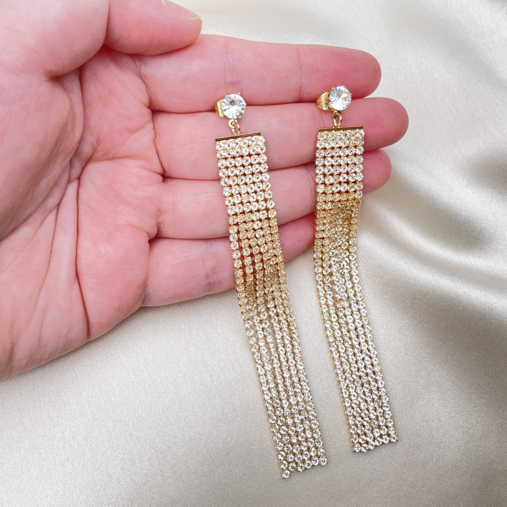 Long Drop Earrings Handmade w/ Diamond Crystal Zirconia Settings in Gold Filled Style Light Weight - Gold Filled Earrings 02.268.0105