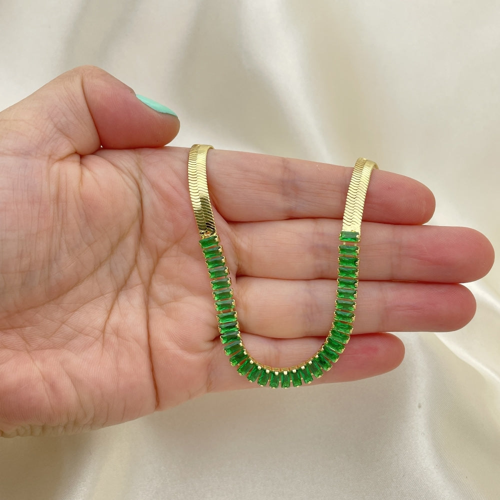 18" Herringbone Necklace Chain w/ Emerald Green CZ Stones - 14K Gold Filled Style - Gift for Her 04.341.0097.8.13
