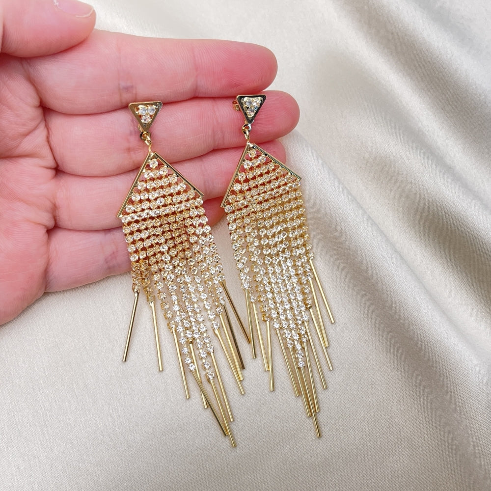 Long Drop Earrings Handmade w/ Diamond Crystal Zirconia Settings in Gold Filled Style Light Weight - Gold Filled Earrings 02.268.0104