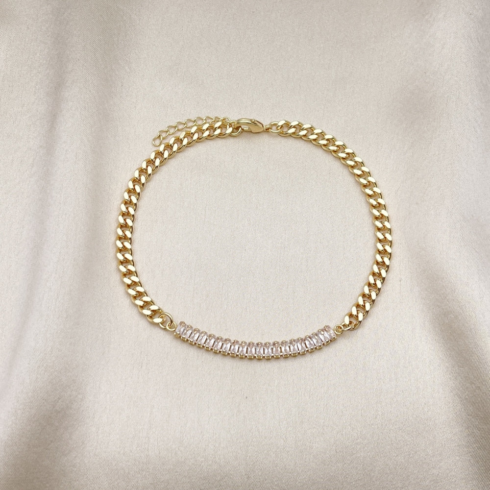 Gold Anklet Handmade with Cuban Link Chain and Cubic Zirconia Rhine Stones in Gold Filled Style Craftsmanship - Minimalist 03.130.0010.10