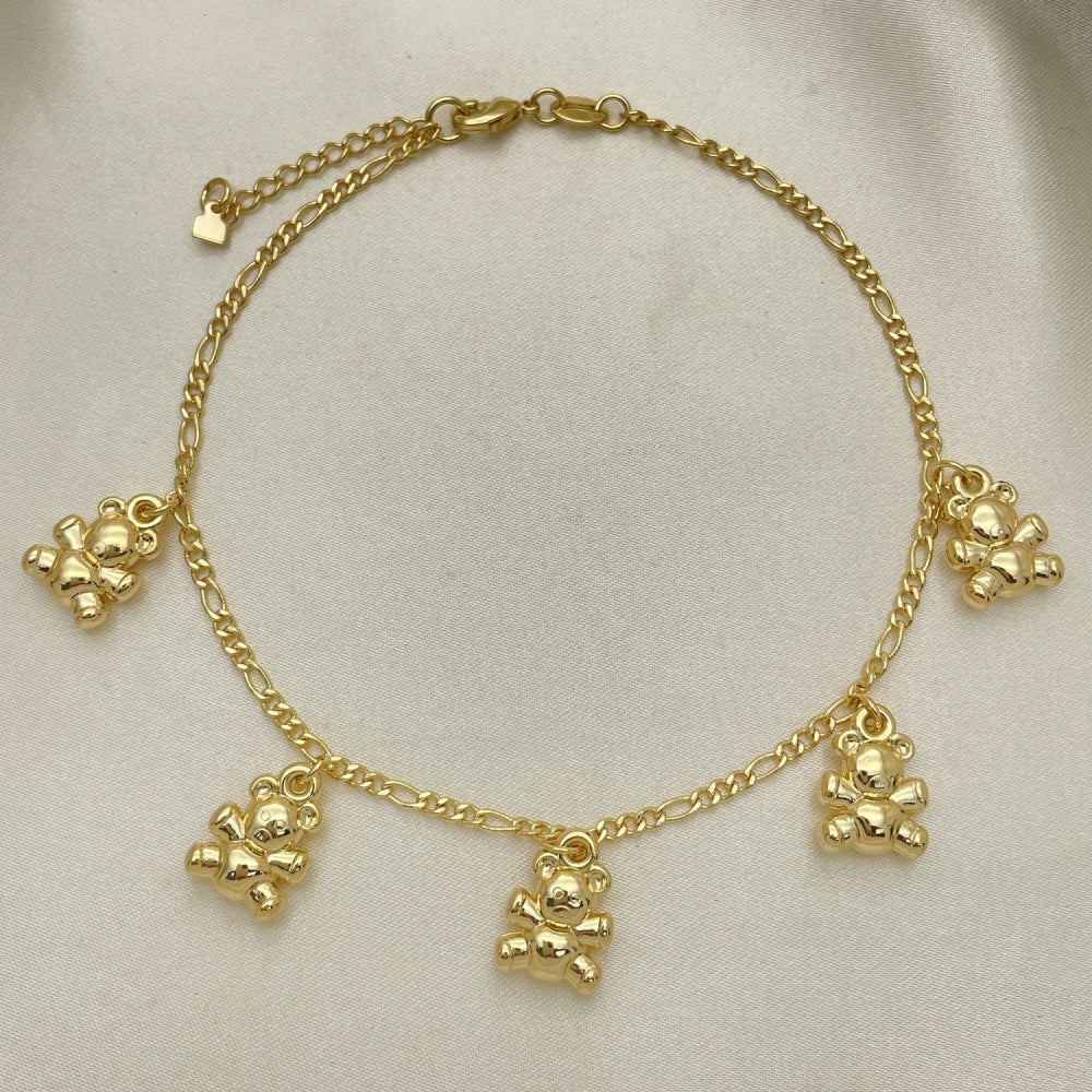Gold Anklet - Handmade Figaro Chain with Teddy Bear Charms the Highest Gold Filled Style Craftsmanship - Lightweight Anklets 03.32.0609.10
