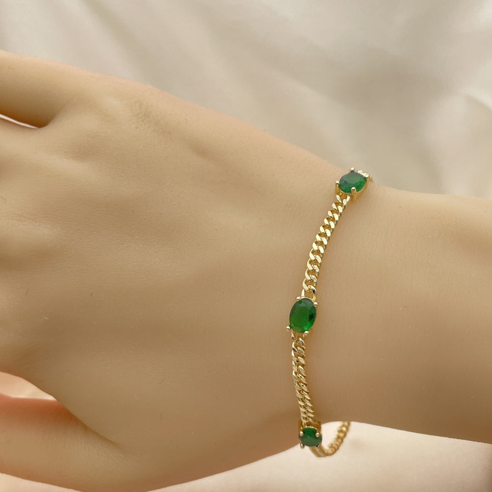 7" Adjustable Cuban Bracelet w/ Emerald Green Oval Stones -Handmade - Gold Filled Bracelets - 03.213.0166.07