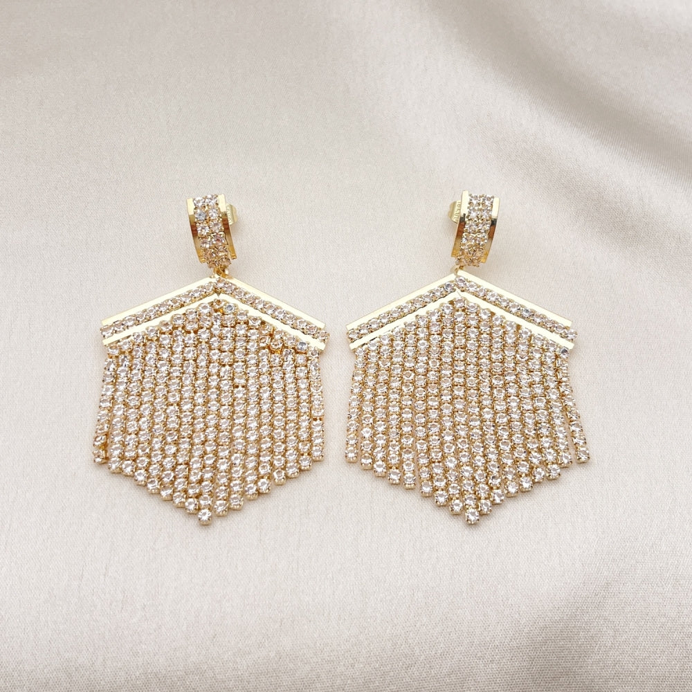 Long Drop Earrings Handmade w/ Diamond Crystal Zirconia Settings in Gold Filled Style Light Weight - Gold Filled Earrings 02.268.0111