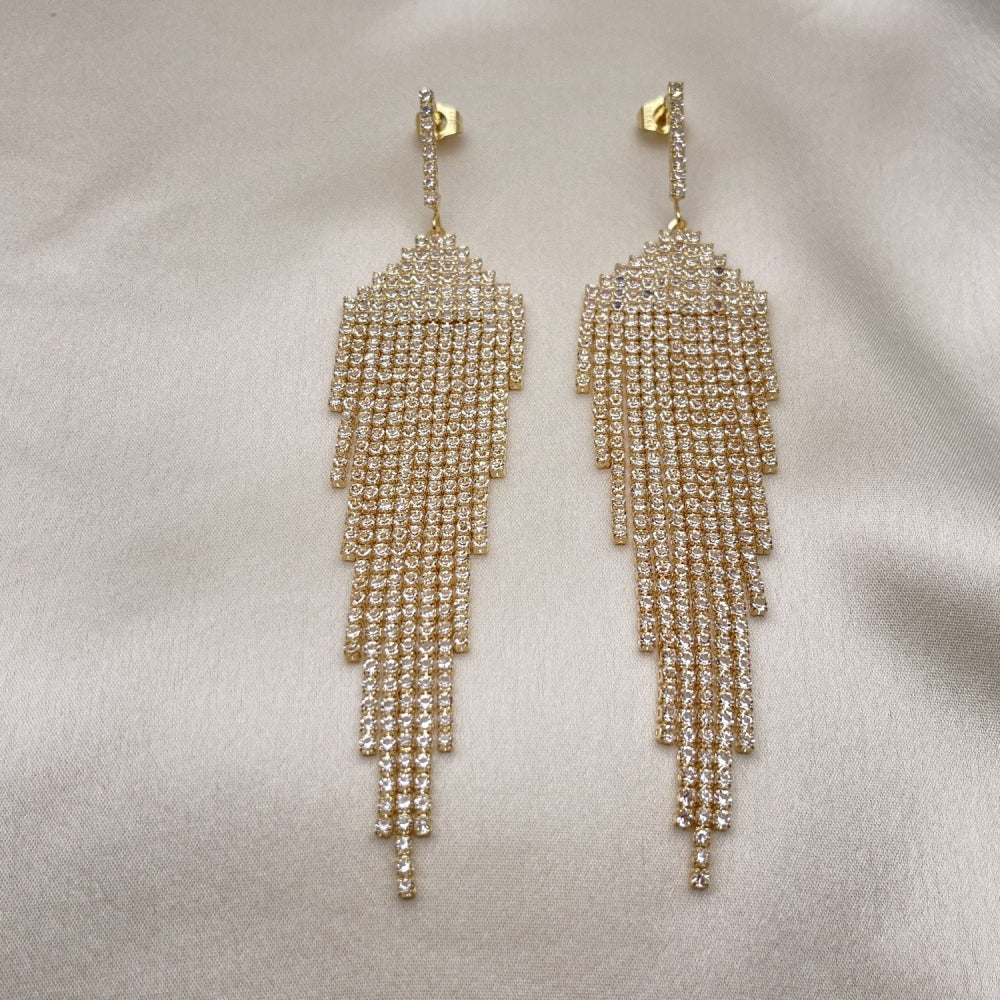 Long Drop Earrings Handmade w/ Diamond Crystal Zirconia Settings in Gold Filled Style Light Weight - Gold Filled Earrings 02.268.0106