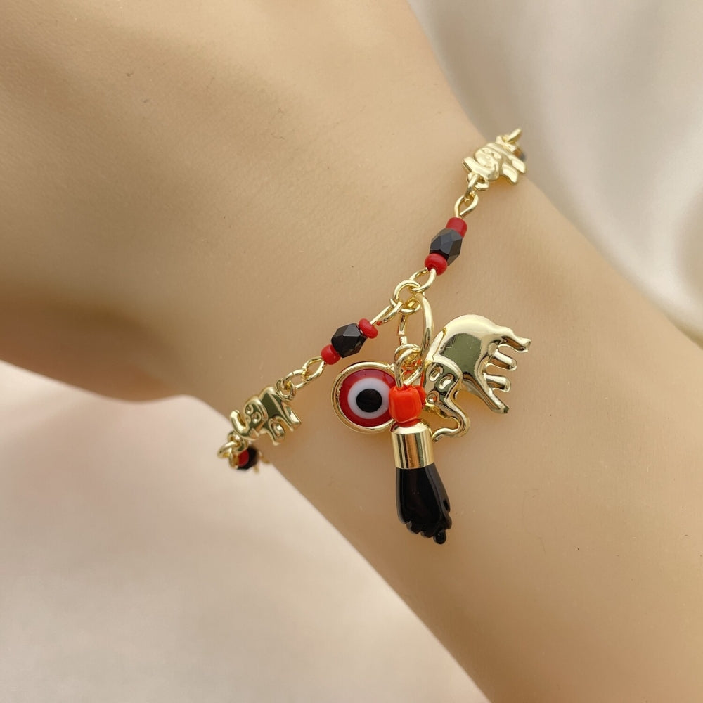 8" Gold Black Onyx Fancy Bracelet w/ Azavache, Evil Eye, Elephant Design. - Handmade Gold Filled Style Bracelets - 03.213.0217.06