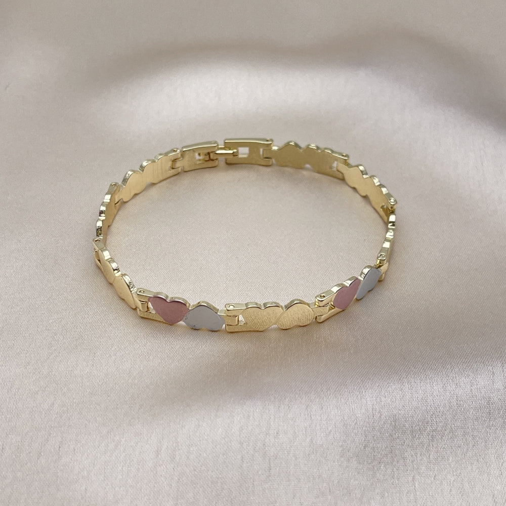 8" Tricolor Gold Nugget Bracelet - Double Heart Pattern Handmade - Gold Filled Style Bracelets 03.102.0062.08