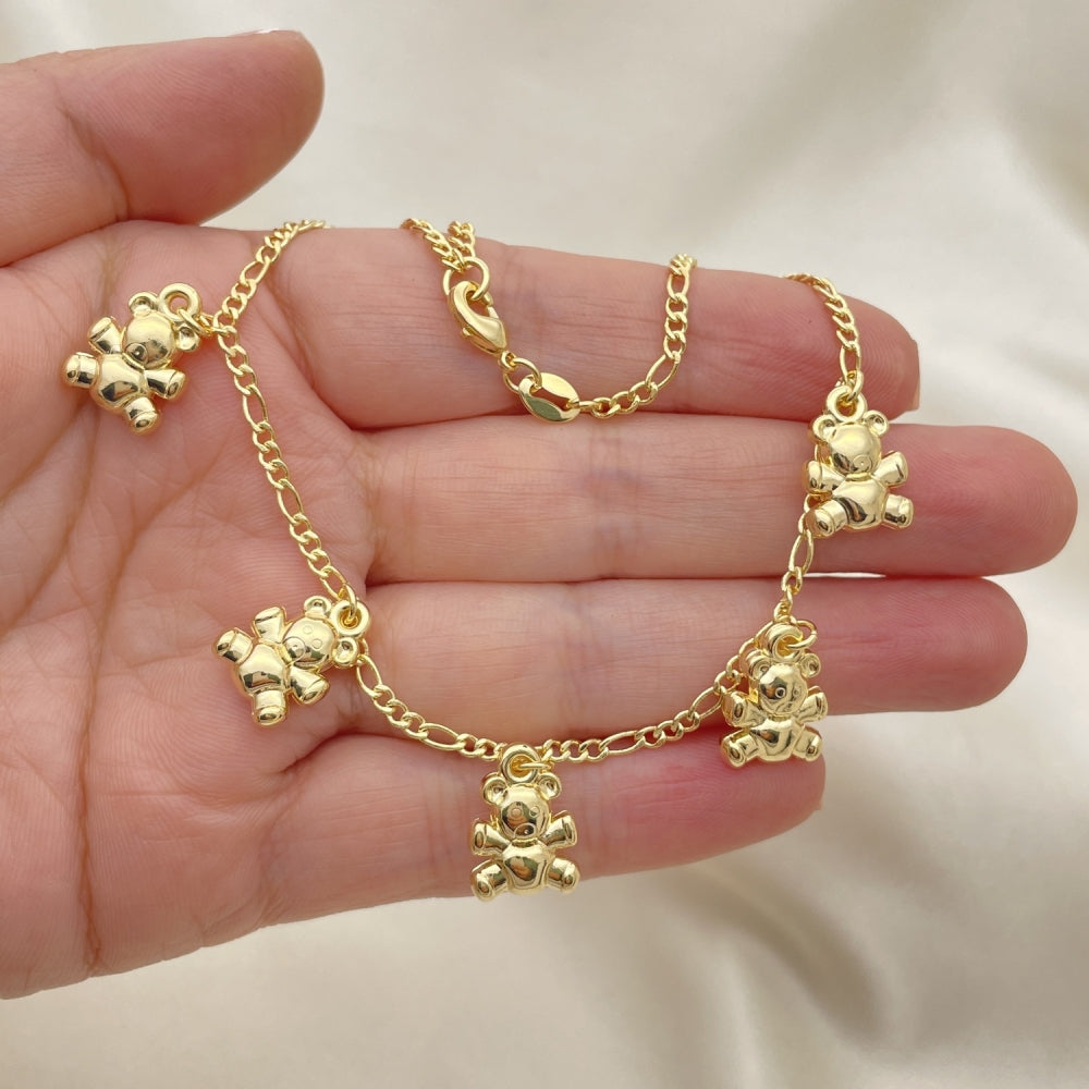Gold Anklet - Handmade Figaro Chain with Teddy Bear Charms the Highest Gold Filled Style Craftsmanship - Lightweight Anklets 03.32.0609.10