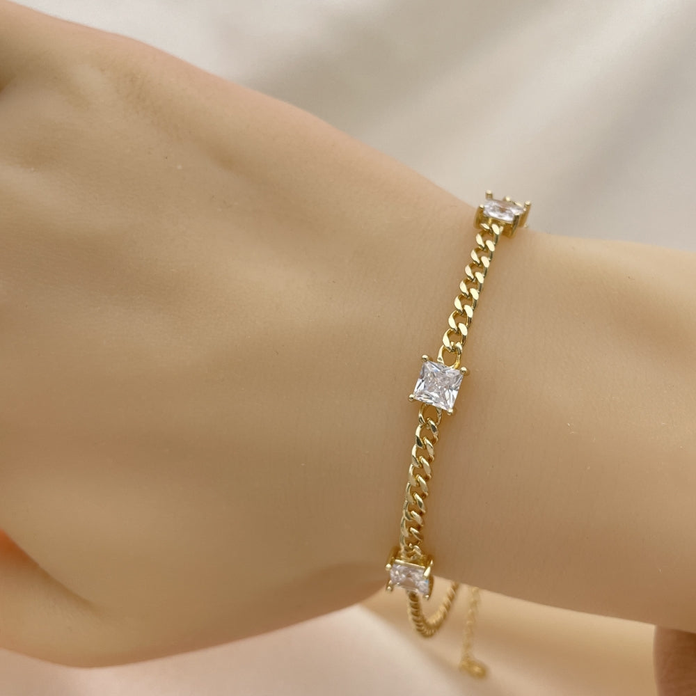 7" Adjustable Gold Cuban Bracelet w/ White CZ Stone - Handmade Gold Filled Style Bracelets-03.213.0163.4.07