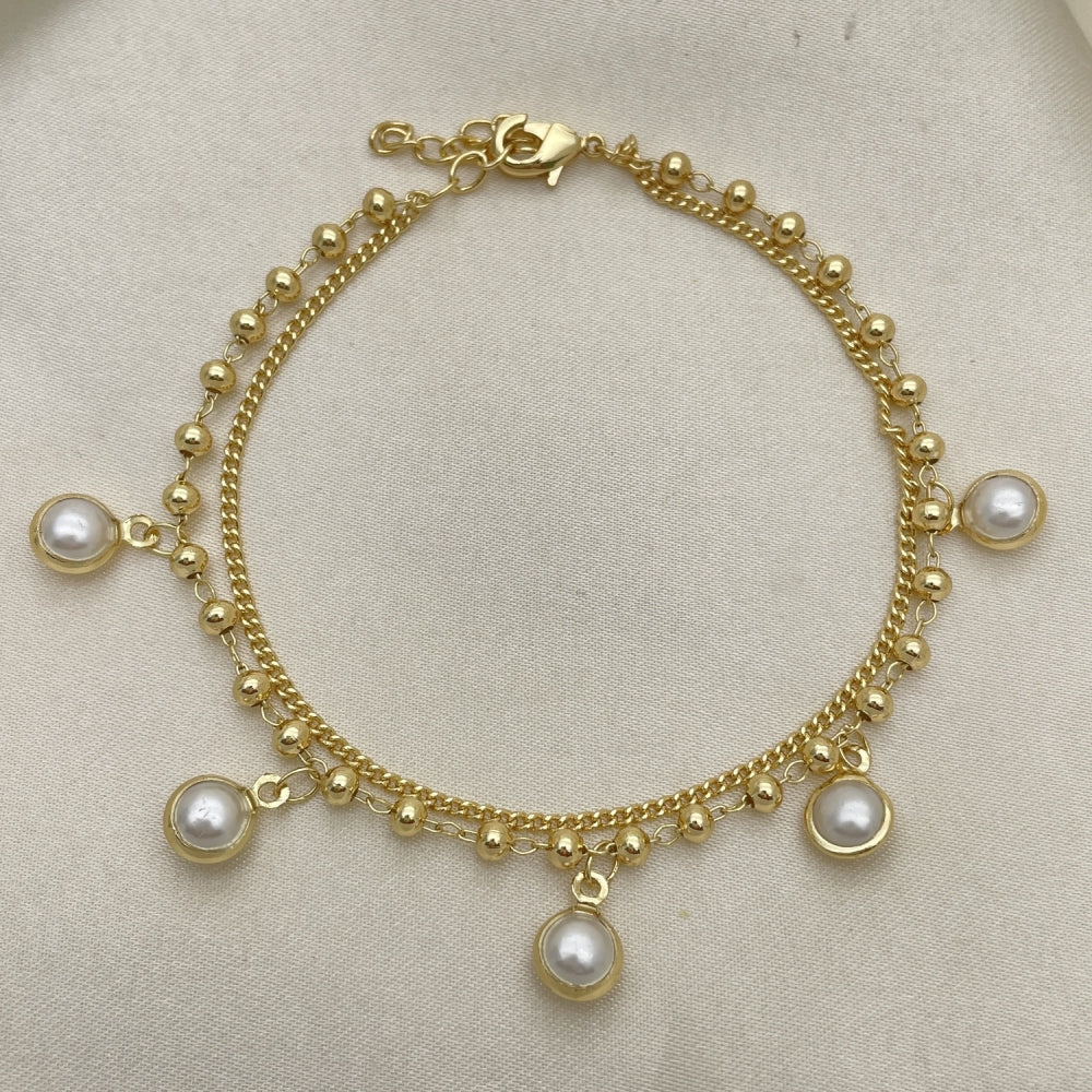 7" Gold Ball Charm Bracelet w/ Ivory Pearl - Handmade Gold Filled Style Bracelets - 03.213.0202.07