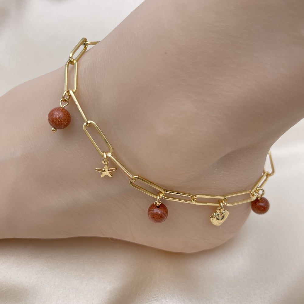 Gold Anklet - Paperclip chain w/ Goldstone Ball, Star, and Heart Charm Handmade with Gold Filled Style Anklets 03.63.2282.10