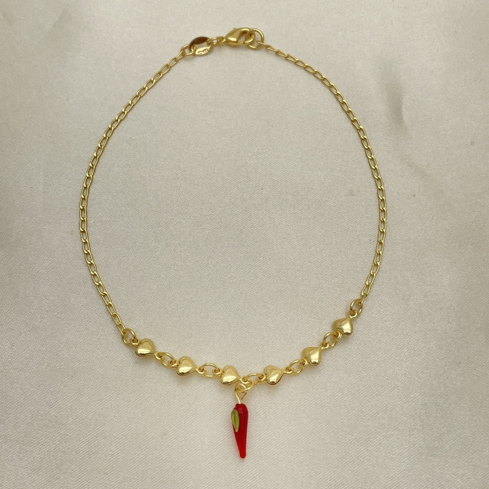 Gold Anklet - Heart Style w/ Chili Pepper Handmade with the Highest Gold Filled Style Craftsmanship - Gold Filled Anklets 03.32.0602.10
