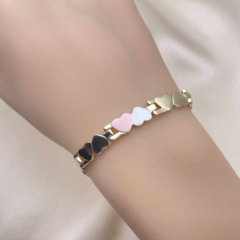 8" Tricolor Gold Nugget Bracelet - Double Heart Pattern Handmade - Gold Filled Style Bracelets 03.102.0062.08