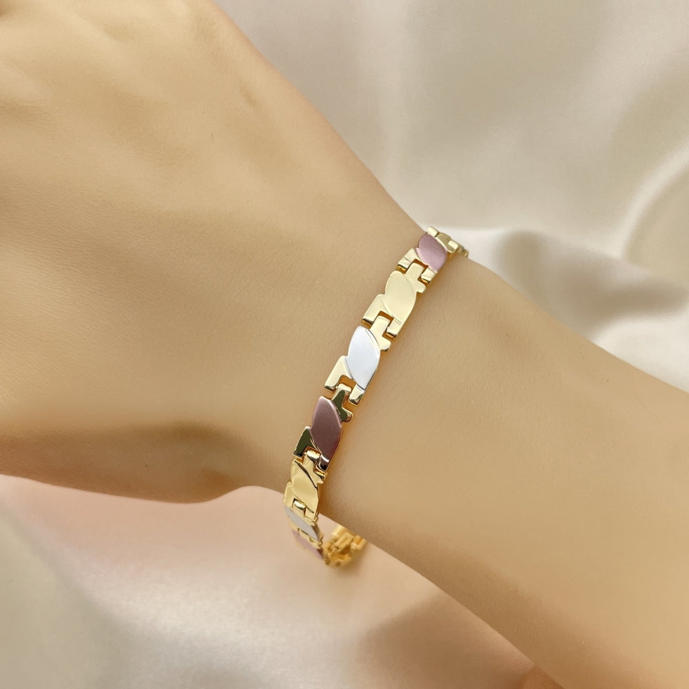 8" Tricolor Gold Nugget Bracelet - Leaf Pattern Handmade - Gold Filled Style Bracelets 03.102.0058.08