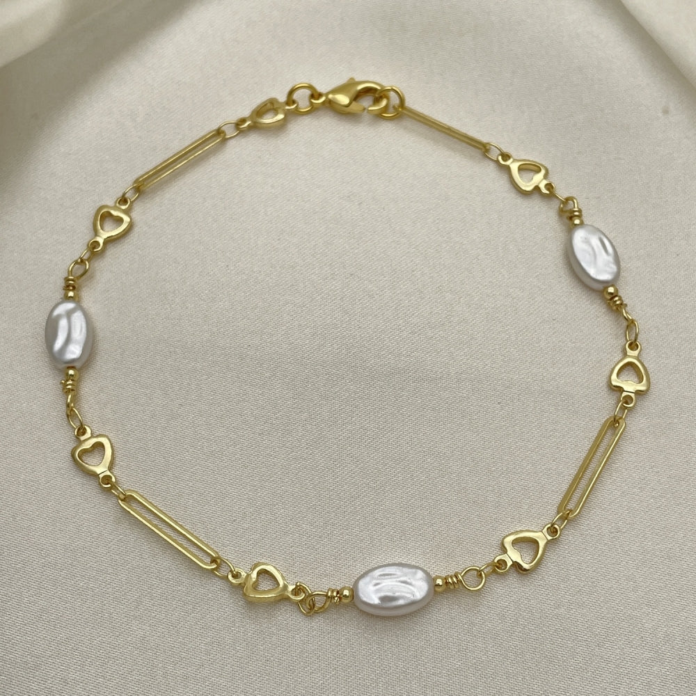Gold Anklet - Minimalist Heart Shape w/ Oval Pearl Handmade with the Highest Craftsmanship - Gold Filled Style Anklets 03.386.0021.10