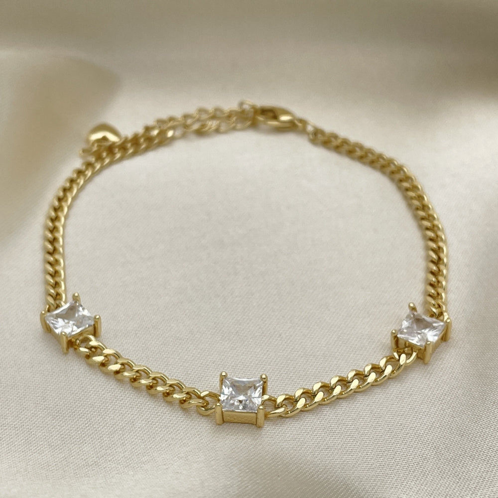 7" Adjustable Gold Cuban Bracelet w/ White CZ Stone - Handmade Gold Filled Style Bracelets-03.213.0163.4.07