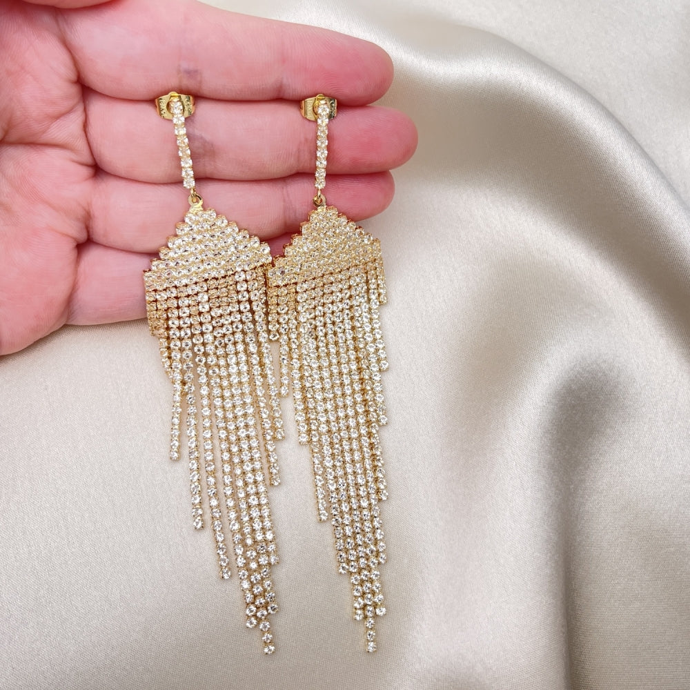 Long Drop Earrings Handmade w/ Diamond Crystal Zirconia Settings in Gold Filled Style Light Weight - Gold Filled Earrings 02.268.0106