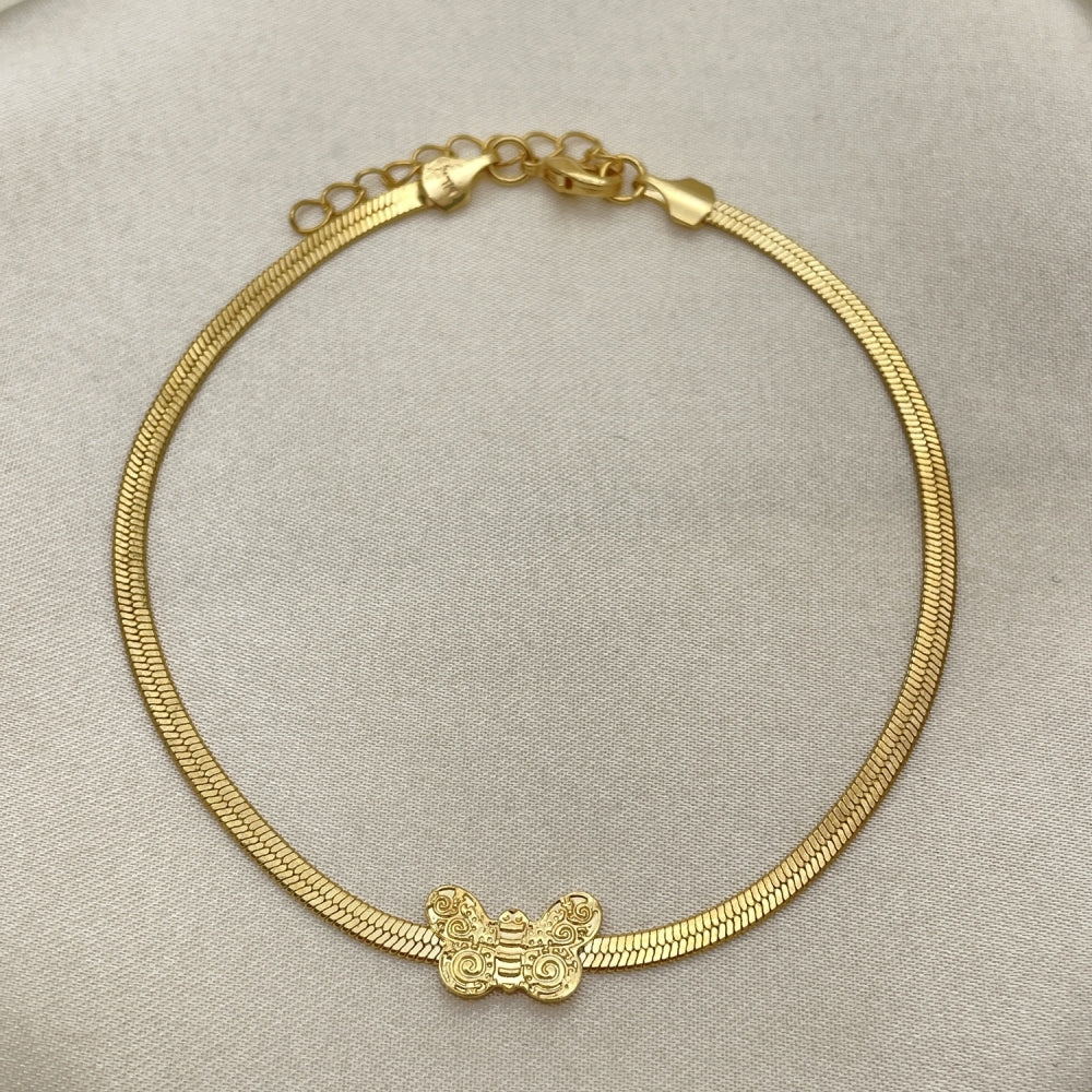7" 14k Herringbone Bracelet w/ Butterfly - Gold Filled Style - Handmade Bracelet -03.02.0098.07