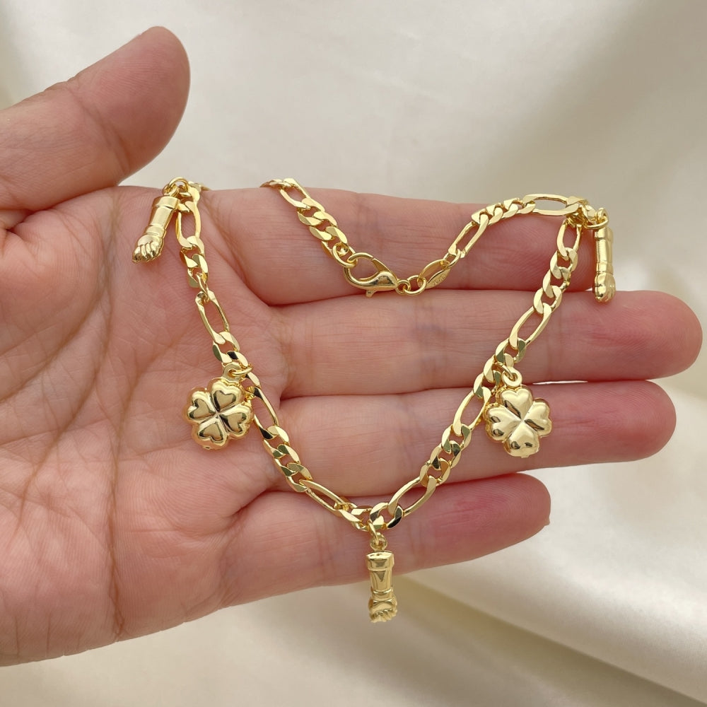 Gold Anklet - Handmade Figaro Chain with the Cloverleaf and Figa Charm with Highest Craftsmanship - Lucky Charm Anklets 03.32.0608.10