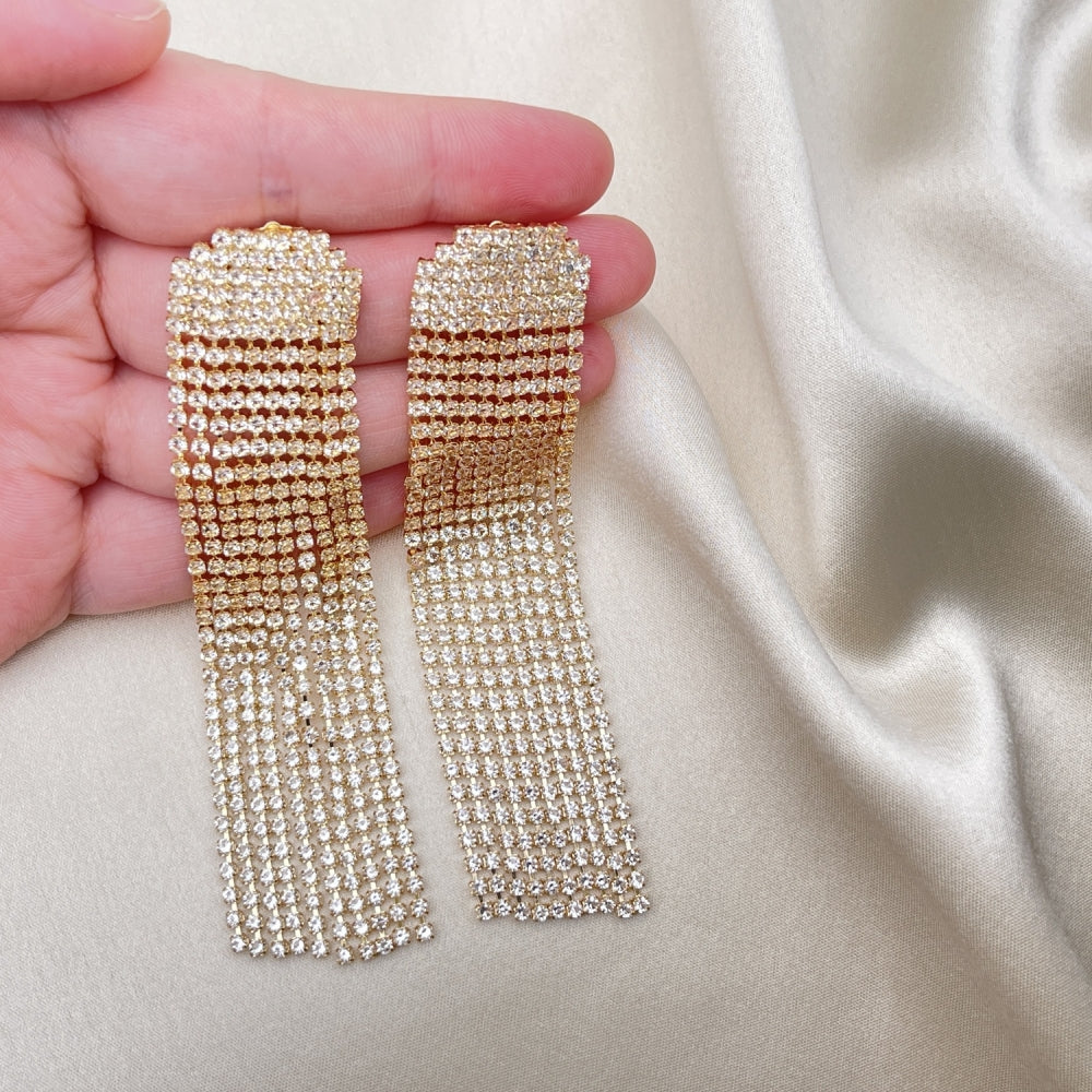 Long Drop Earrings Handmade w/ Diamond Crystal Zirconia Settings in Gold Filled Style Light Weight - Gold Filled Earrings 02.268.0101