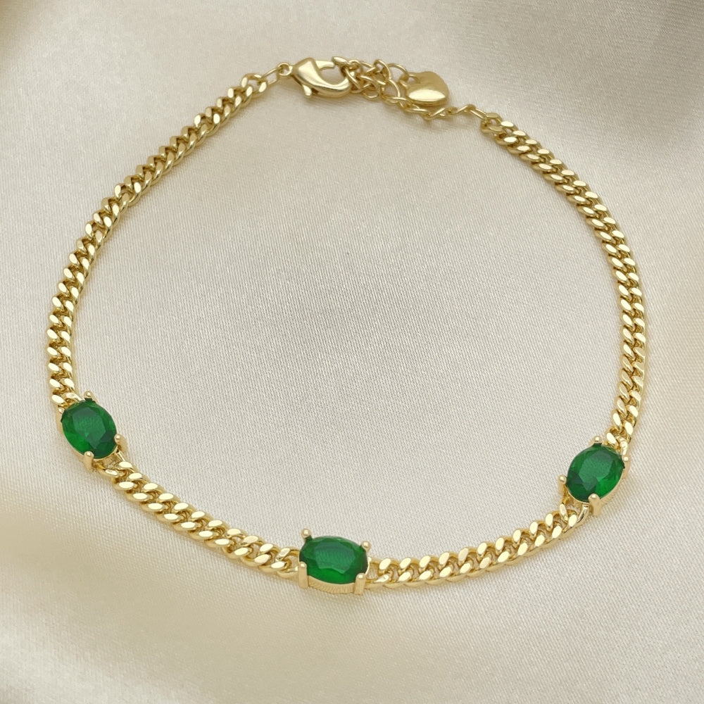 7" Adjustable Cuban Bracelet w/ Emerald Green Oval Stones -Handmade - Gold Filled Bracelets - 03.213.0166.07