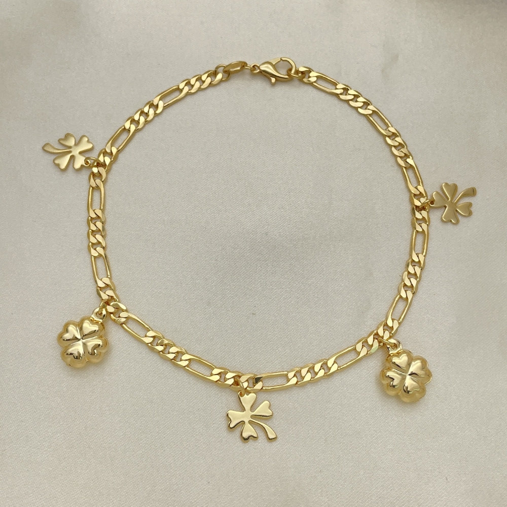 Gold Anklet - Figaro Chain w/ 4 Leaf Clover Lucky Charms Handmade with the Highest Gold Filled Style - Minimalist Anklets 03.32.0605.10