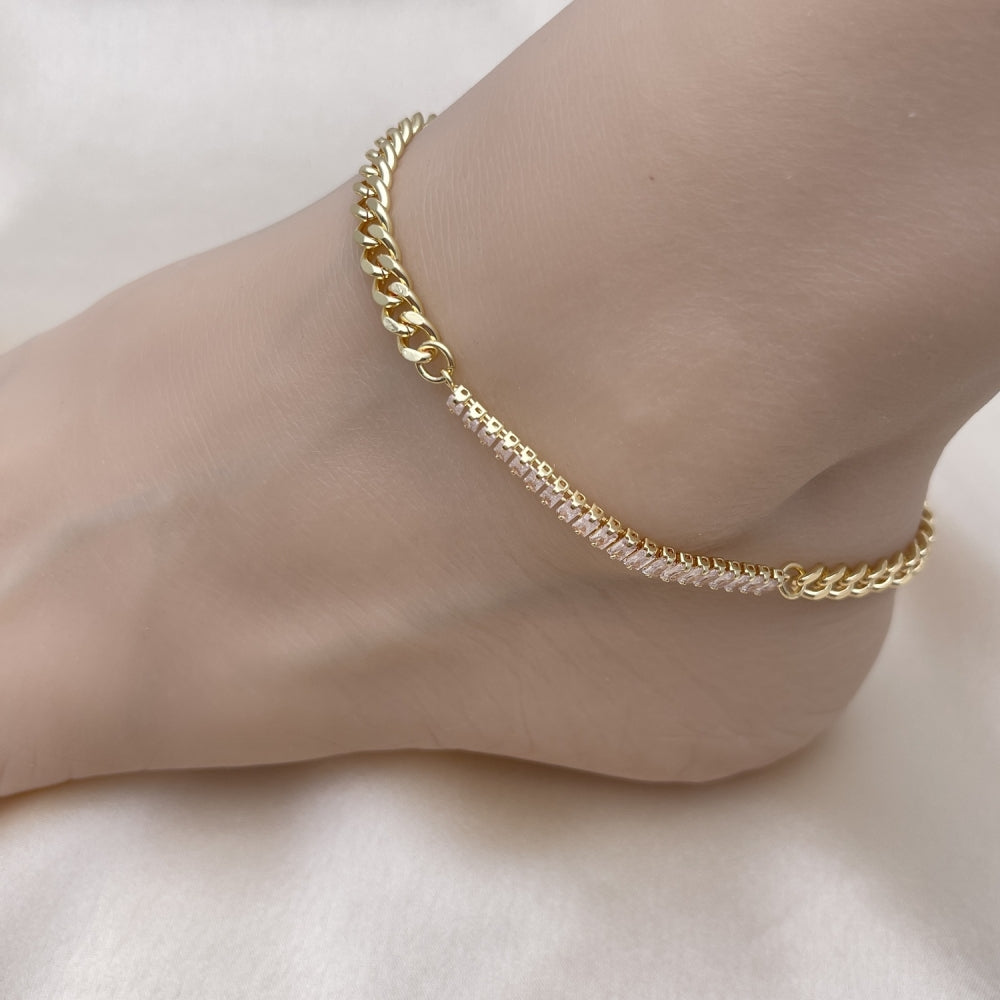 Gold Anklet Handmade with Cuban Link Chain and Cubic Zirconia Rhine Stones in Gold Filled Style Craftsmanship - Minimalist 03.130.0010.10