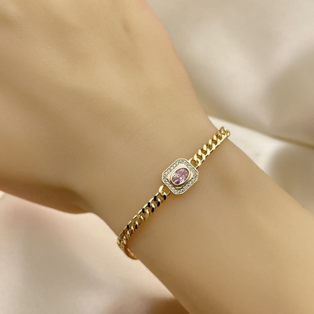 7" Adjustable Cuban Bracelet w/ Pink Sapphire Handmade - Gold Filled Bracelets - 03.213.0162.3.07