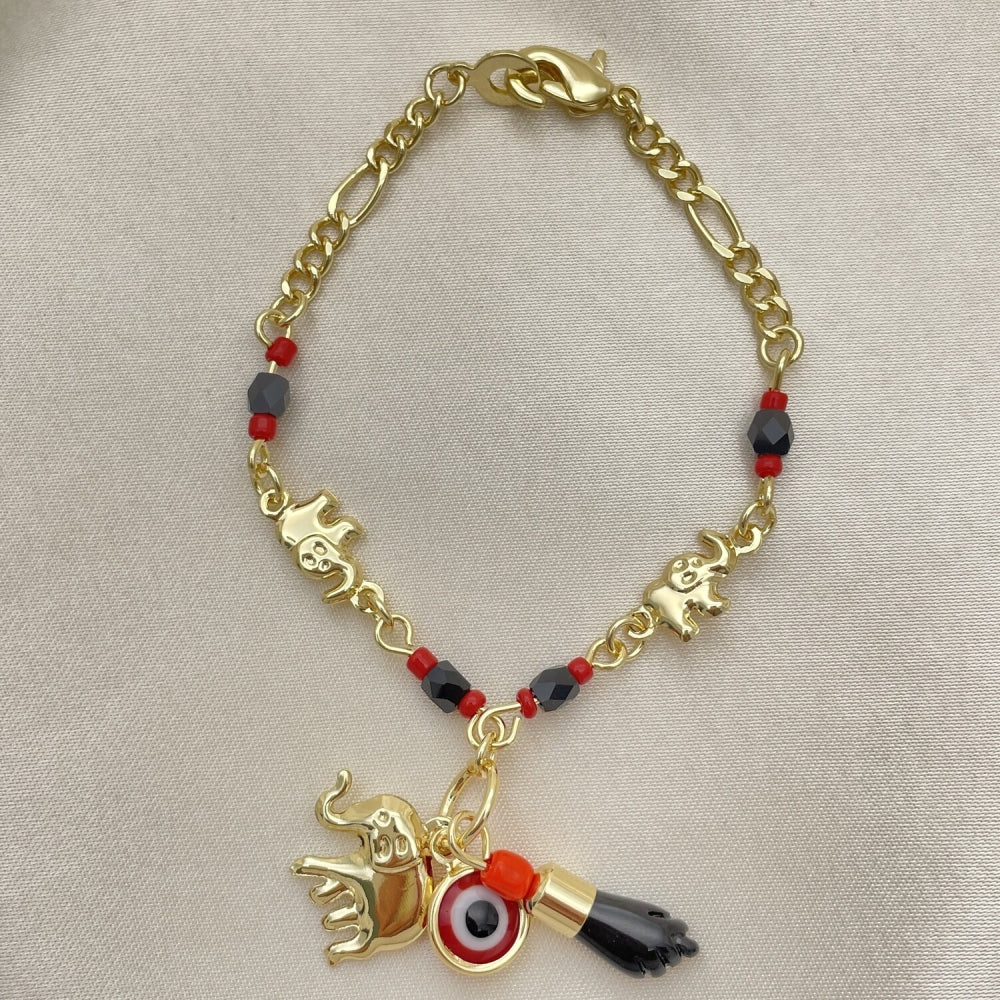 8" Gold Black Onyx Fancy Bracelet w/ Azavache, Evil Eye, Elephant Design. - Handmade Gold Filled Style Bracelets - 03.213.0217.06