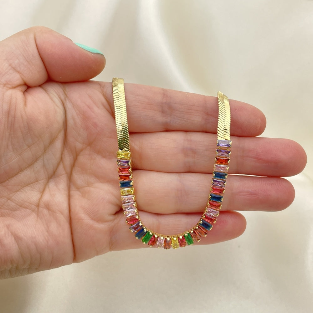 18" Gold Herringbone Necklace Chain w/ Multicolor CZ Stones - 14K Gold Filled Style Necklace Gift for Her 04.341.0097.3.16