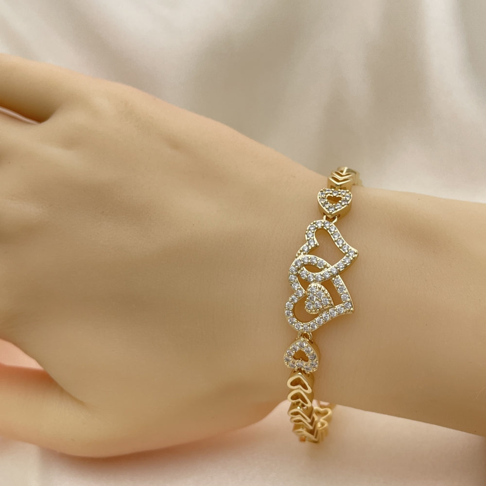7" Gold Fancy Bracelet w/ Heart Design White CZ Stones - Handmade Gold Filled Style Bracelets 03.283.0053.07