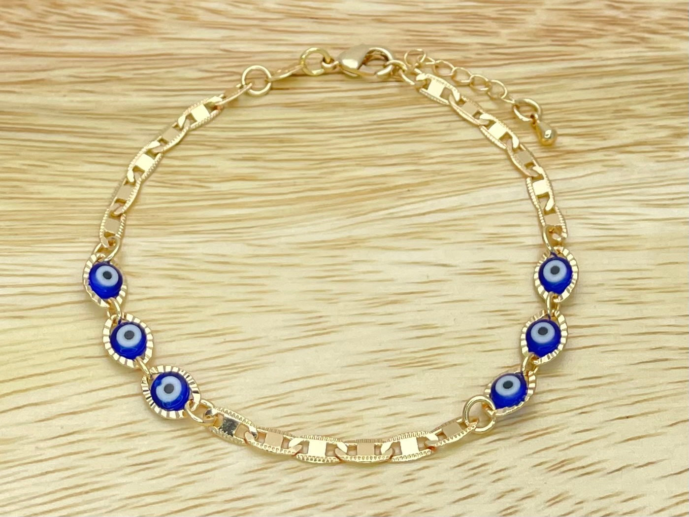 BLUE & WHITE Evil Eye Bracelet | Turkish Eye Gold Bracelet, Greek Eye Gold Bracelet | Evil Eye | Gift for Her, Gold Bracelet 6.5” - 8”