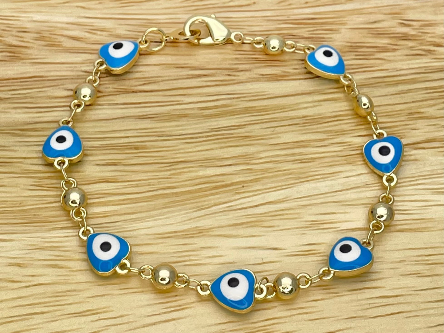 Baby Blue Evil Eye Bracelet | Turkish Eye Gold Bracelet | Greek Eye Gold Bracelet | Evil Eye Charm | Gift for Her, Gold Bracelet 6.5” 8”