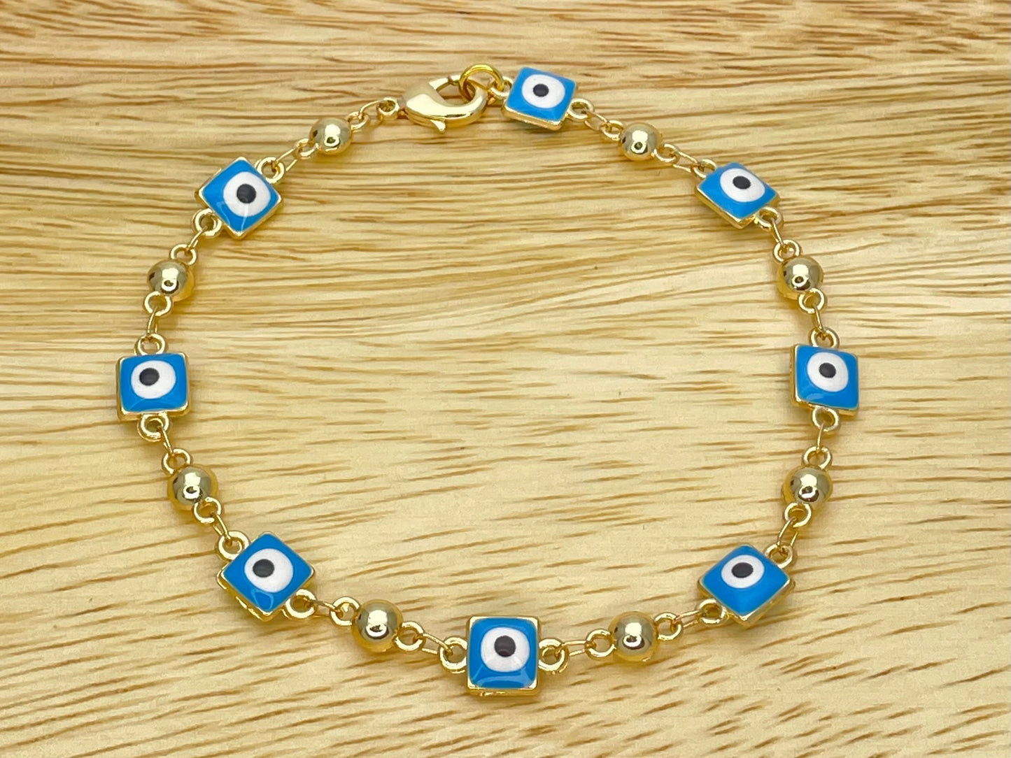 BABY BLUE & WHITE, Evil Eye Bracelet | Turkish Eye Gold Bracelet, Greek Eye Gold Bracelet | Gift for Her, Gold Bracelet 6.5” - 8”