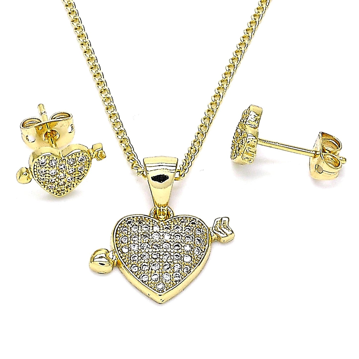 Earring, Pendant and Necklace Adult Set, Heart Design, with White Micro Pave, High Polished Finish, Golden Tone