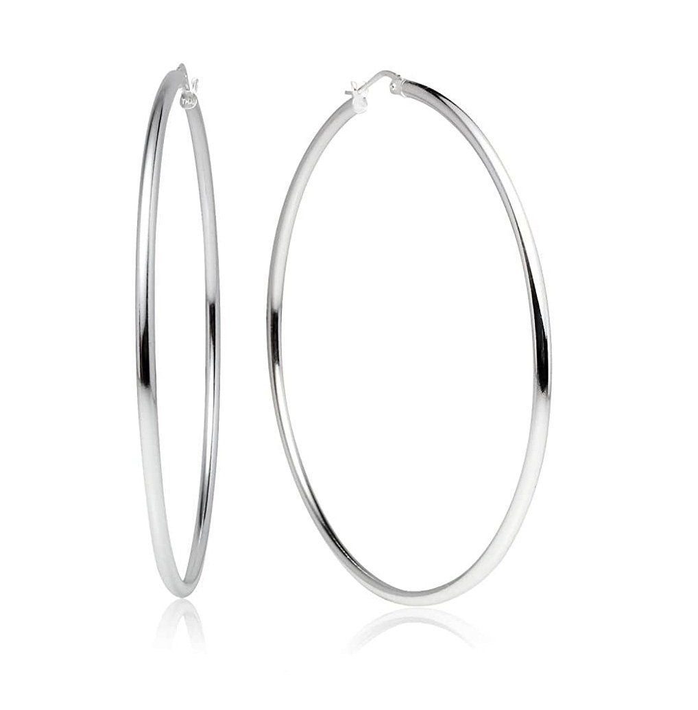 Sterling Silver Hoop Earrings, 3 mm X 70 mm Size, Shiny Polish Finish with Click Top Closure, Tarnish and Nickel Free